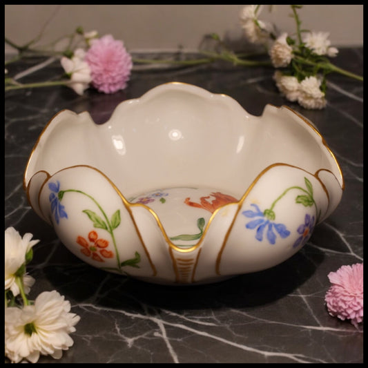 1936 German Porcelain Hand Painted Gilded Floral Motif Flower Form Bowl