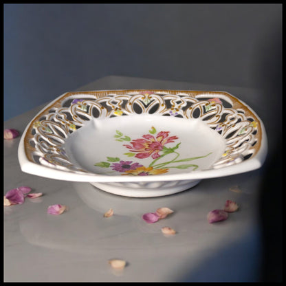 1935 German Porcelain Hand Painted Gilded Floral Motif Reticulated Square Trinket Dish