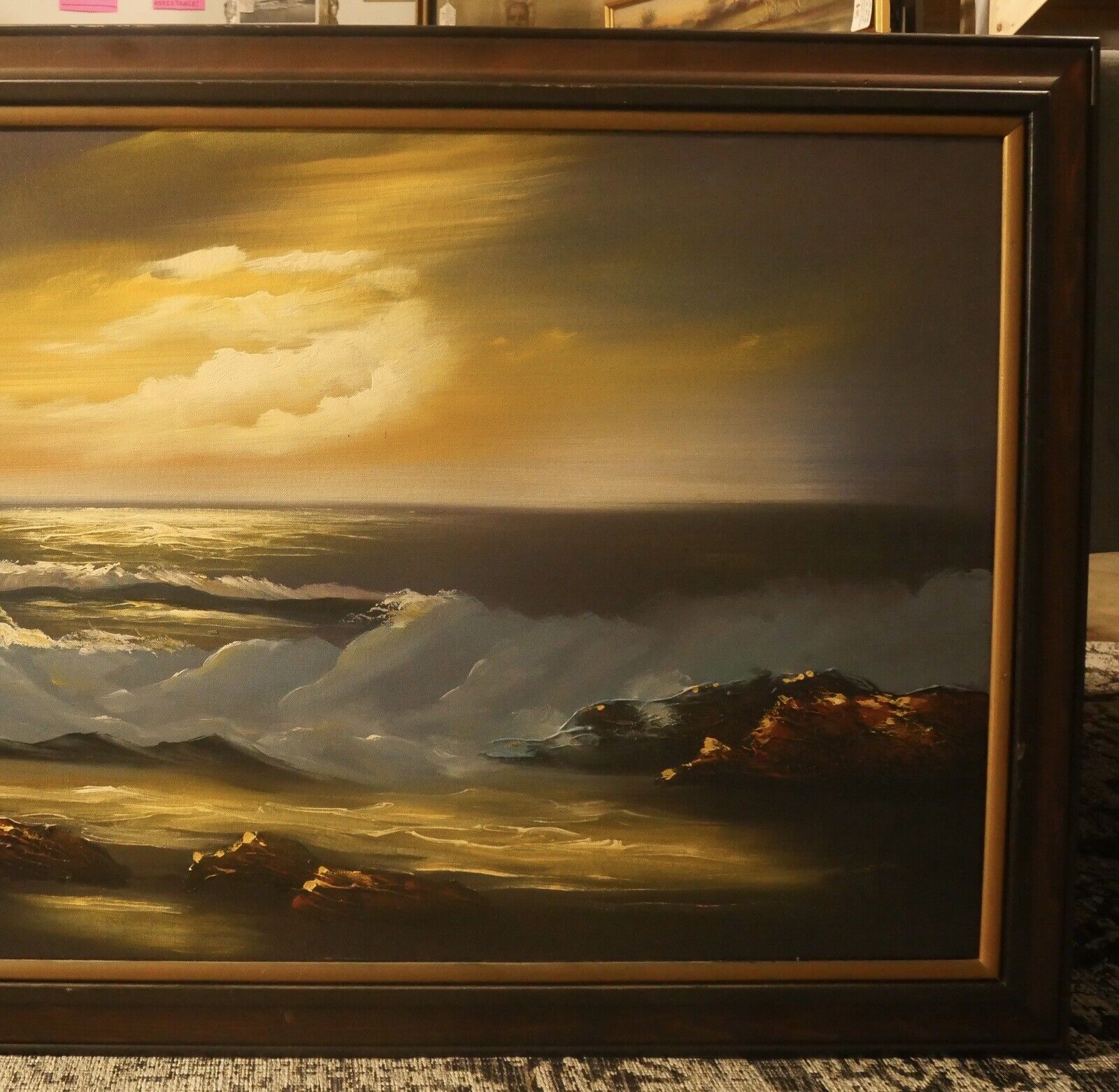 Vintage Circa 1970 Oceanside Beach Landscape Framed Oil Painting Signed Thatz