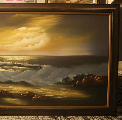 Vintage Circa 1970 Oceanside Beach Landscape Framed Oil Painting Signed Thatz