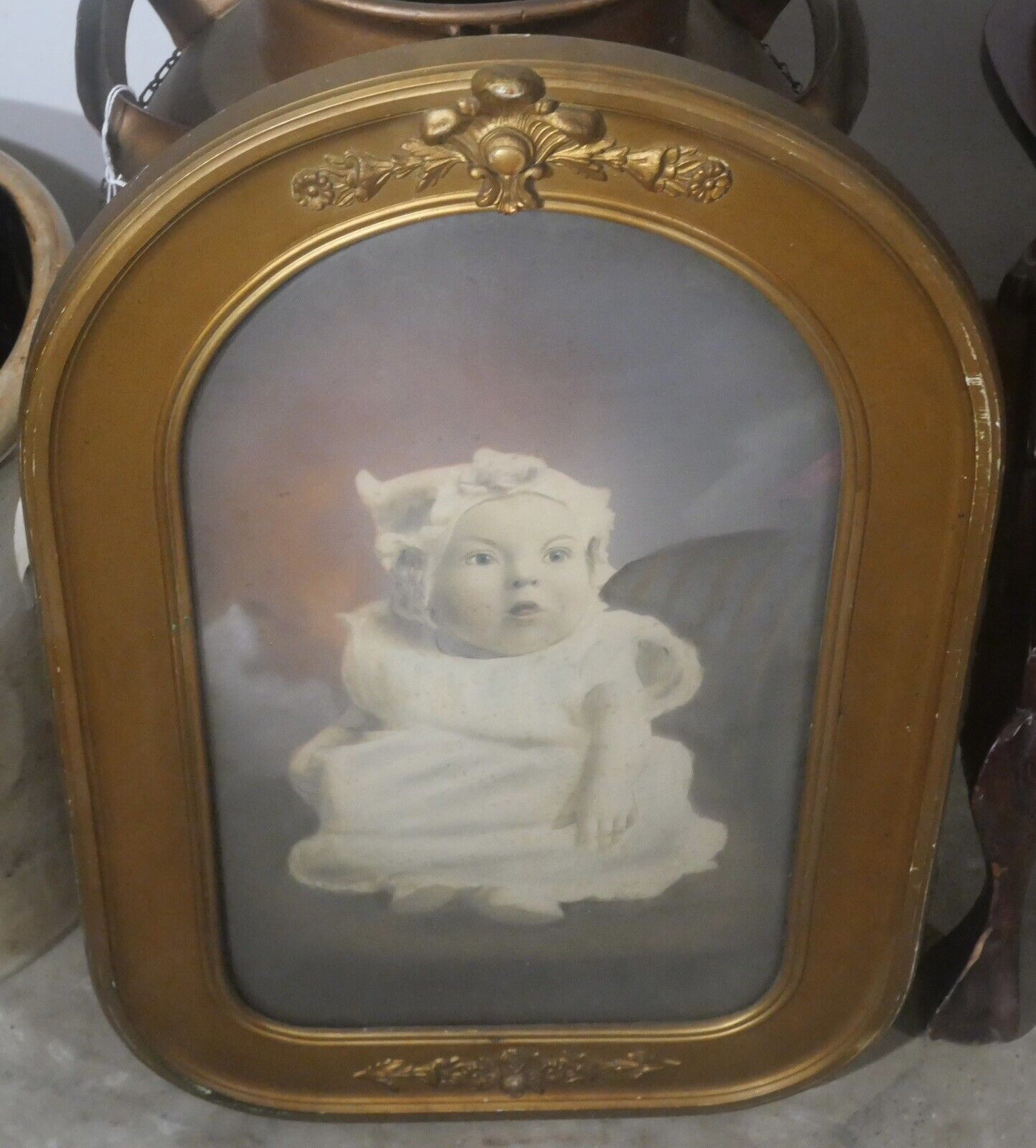 Circa 1900 American Victorian Baby Portrait Photograph in Convex Glass Frame