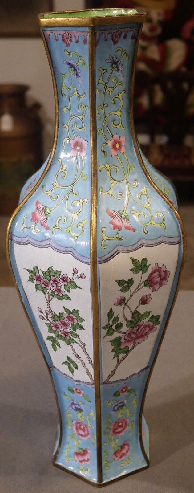 Early 20th Century Chinese Canton Enamel on Gilt Brass Floral Motifs Faceted Hexagonal Vase