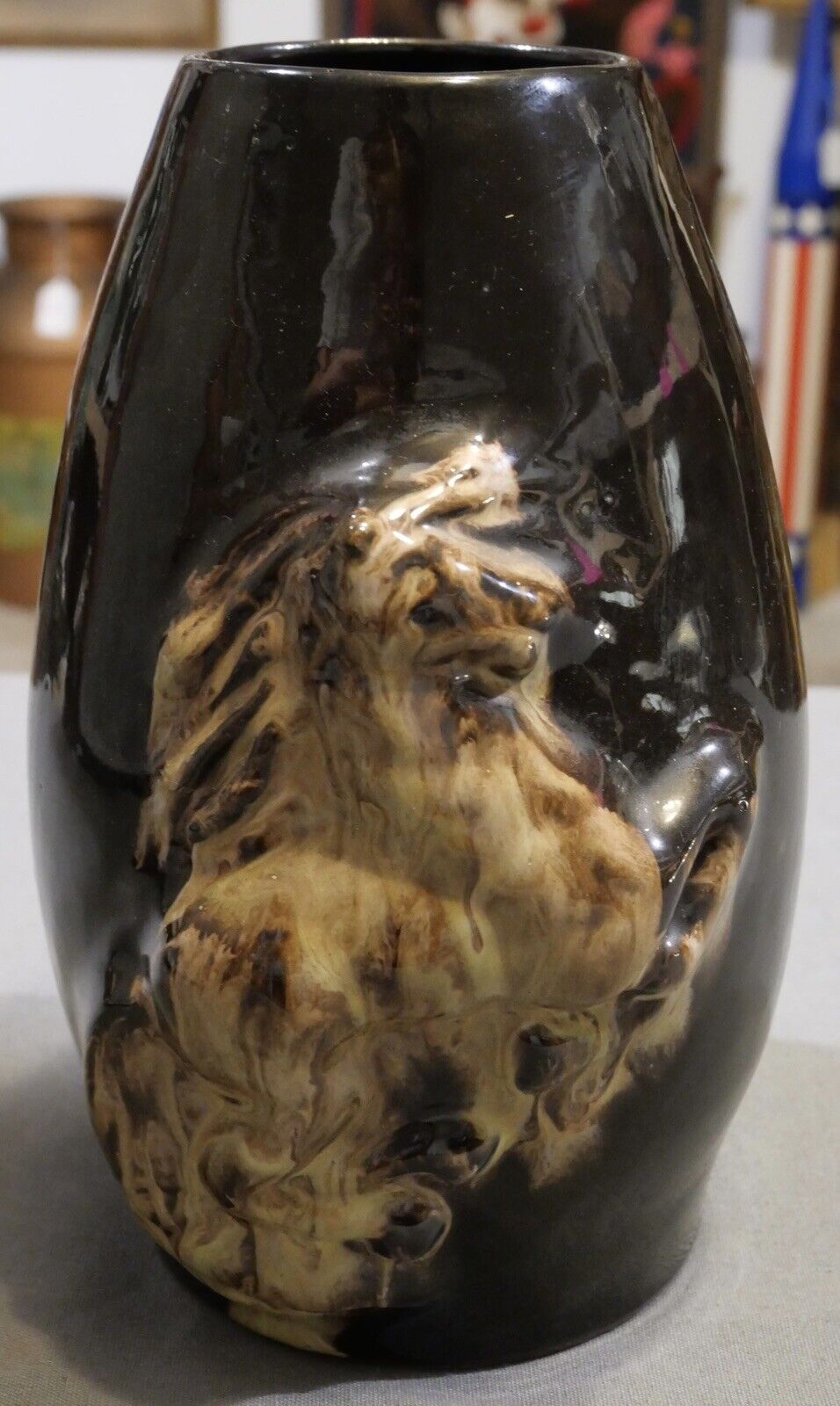 Circa 1925 American Art Deco Brown Glazed Redware Raised Relief Horse Motifs Vase