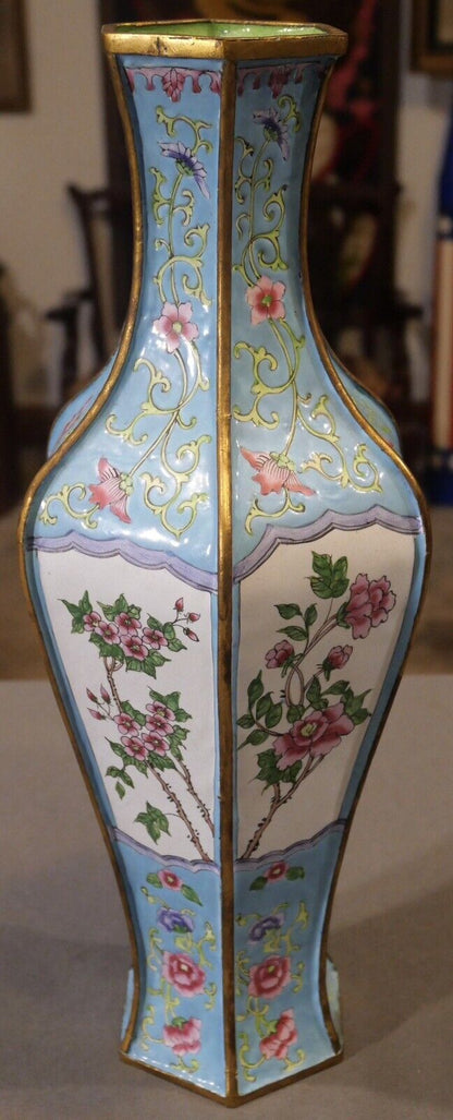 Early 20th Century Chinese Canton Enamel on Gilt Brass Floral Motifs Faceted Hexagonal Vase