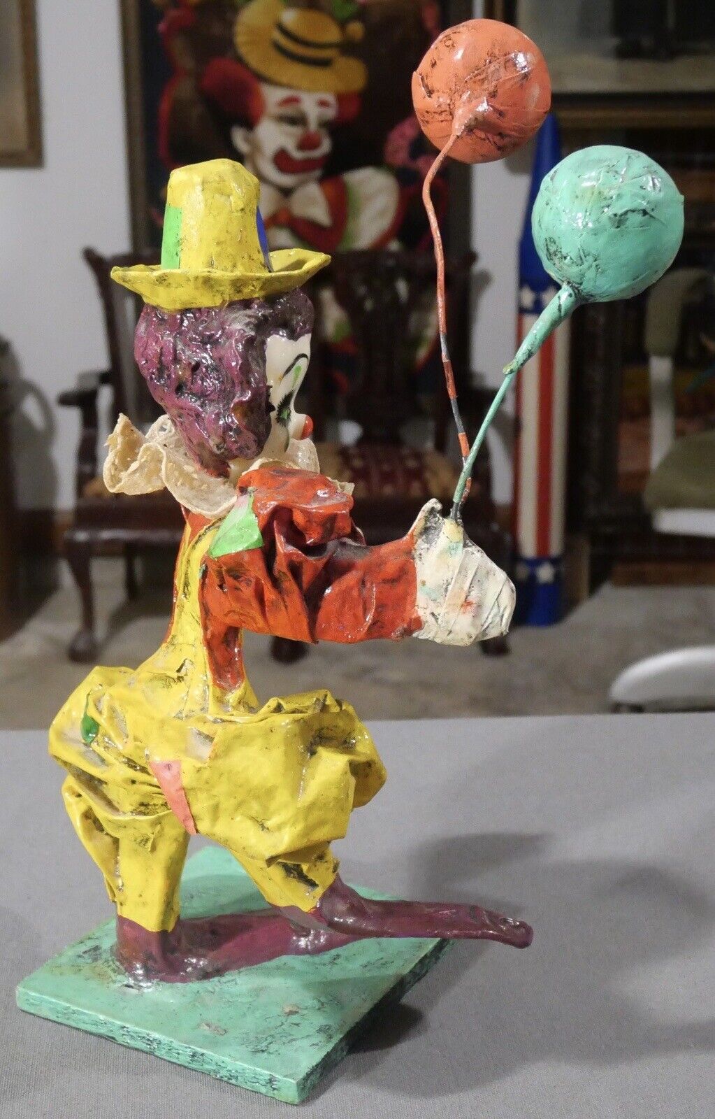 Vintage 1970's Mexican Papier Mache Clown with Balloons Sculpture