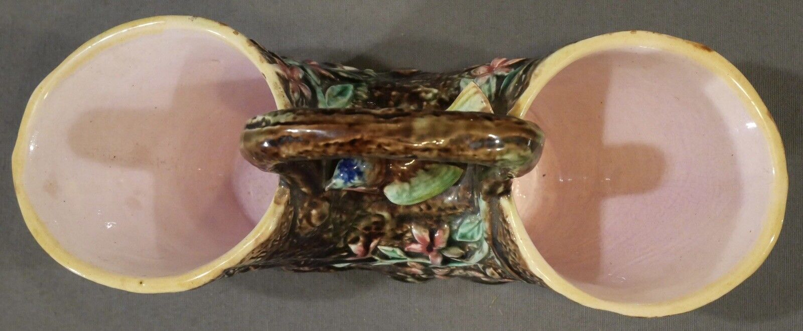 Circa 1890 Continental Majolica Bird on Tree Trunk Form Basket Planter