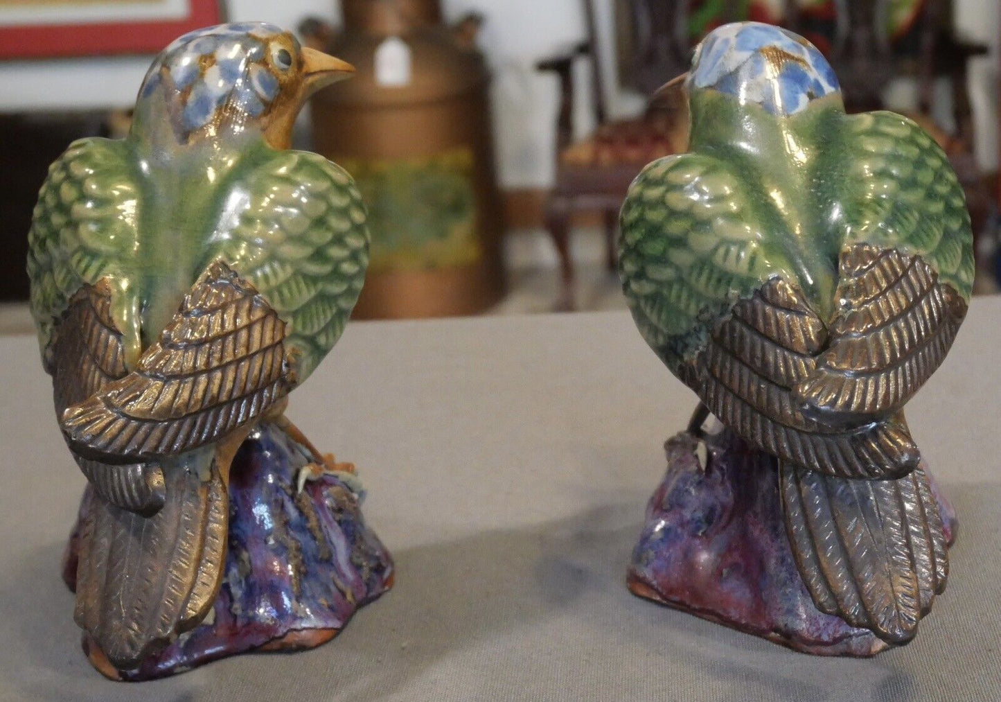 Pair of Vintage Circa 1970 Chinese Shiwan Guangdong Pottery Bird Figurines