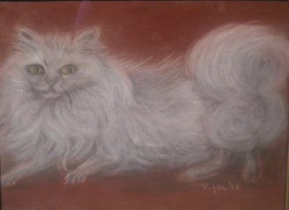 Vintage White Tabby Cat Framed Pastel Drawing Signed Viger (1968)