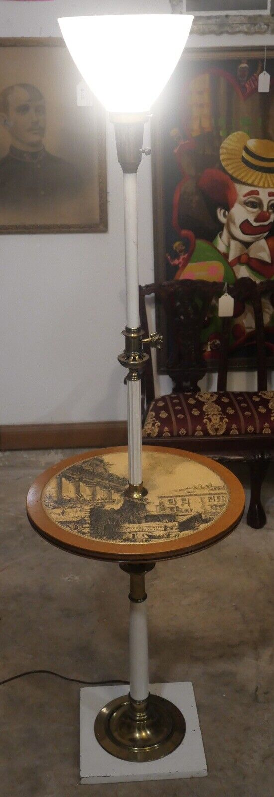 1960’s Stiffel Hollywood Regency Torchiere Floor Lamp with Italian City Motif Table