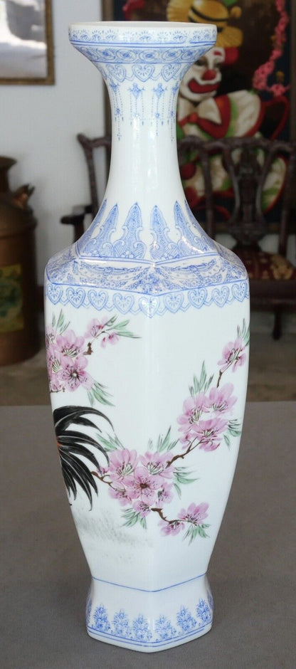 Mid 20th Century Chinese Eggshell Porcelain Rooster/Cherry Blossom Motifs Faceted Vase