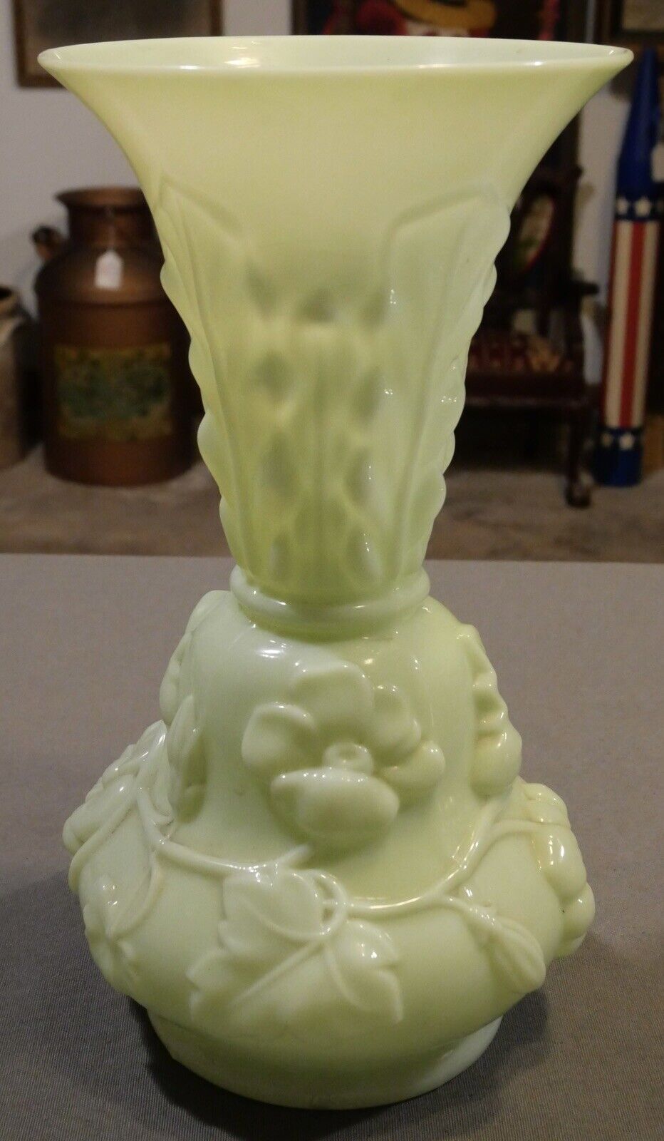 Early 20th Century French Art Nouveau Opaline Glass Floral/Leaf Motifs Baluster Vase