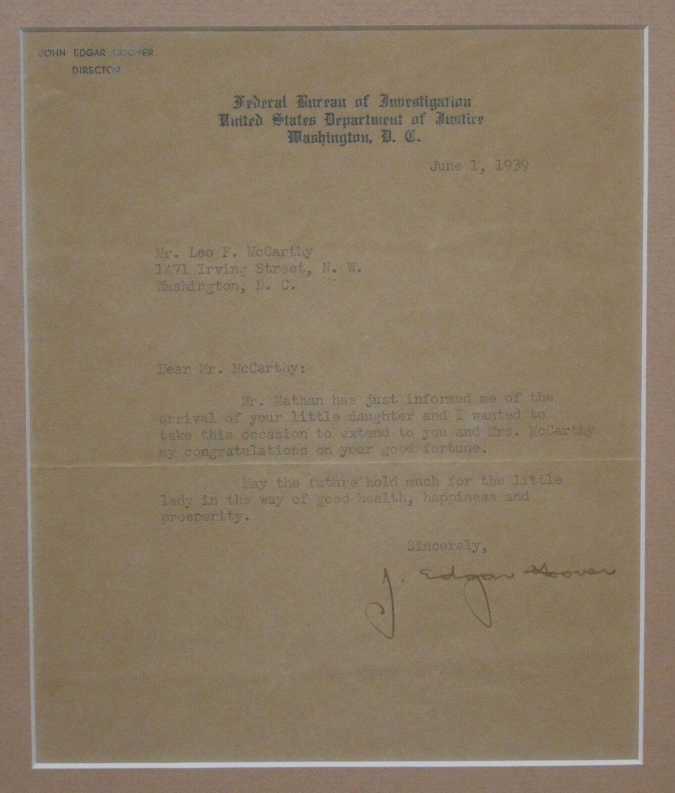 1939 J. Edgar Hoover Signed FBI Letterhead Framed Letter