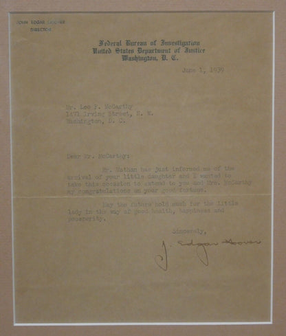 1939 J. Edgar Hoover Signed FBI Letterhead Framed Letter