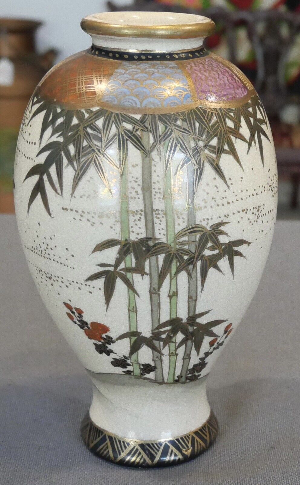 Early 20th Century Japanese Satsuma Pottery Bamboo Motifs Baluster Vase