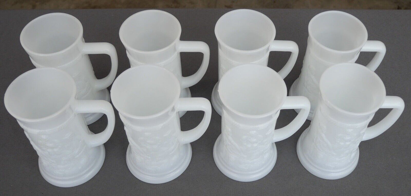 Set of 8 Vintage 1960's American Federal Milk Glass Bavarian Tavern Scene Motif Steins