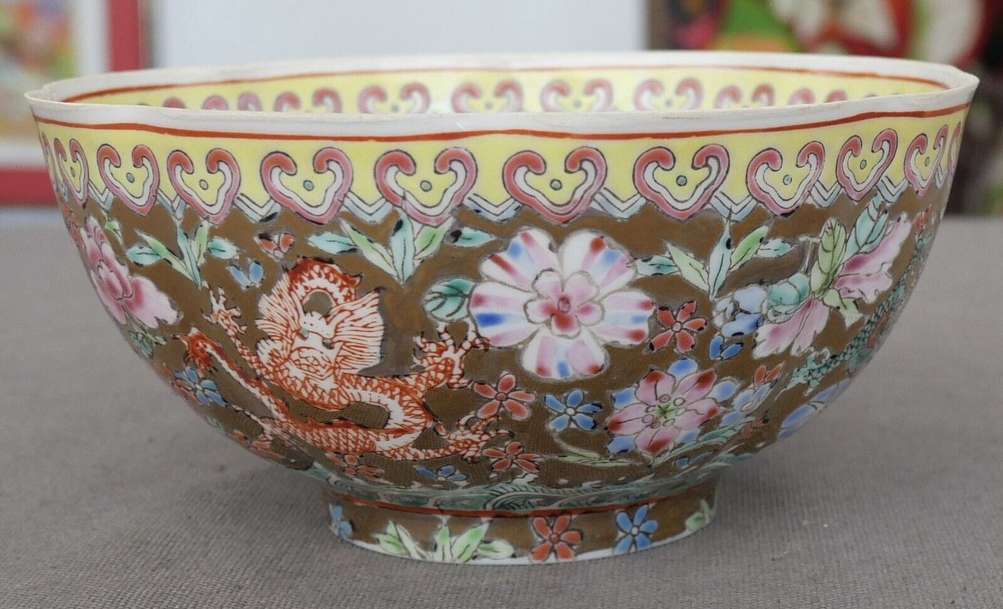 Vintage Circa 1960 Chinese Rose Medallion Eggshell Porcelain Dragon/Floral Motifs Ruffled Edge Tea Bowl