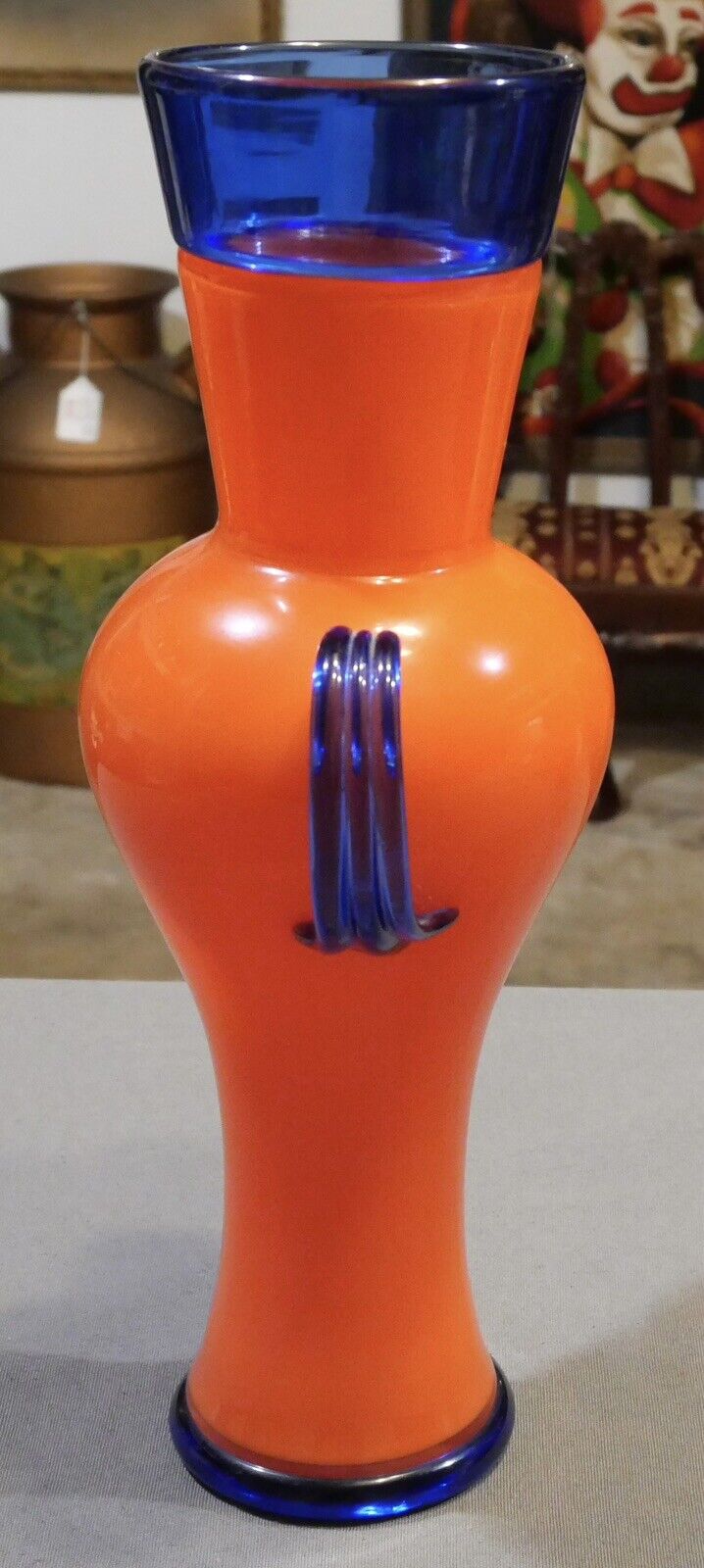 2001 Ipso Facto Art Glass Contemporary Style Orange/Blue Double Handled Vase