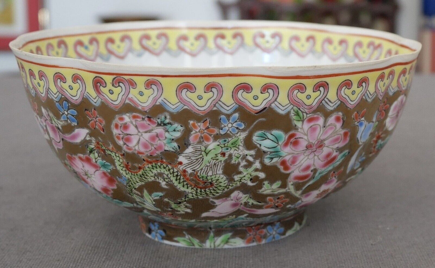 Vintage Circa 1960 Chinese Rose Medallion Eggshell Porcelain Dragon/Floral Motifs Ruffled Edge Tea Bowl