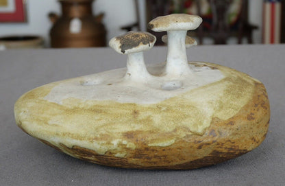 Circa 1970 Contemporary Stoneware Art Pottery Mushrooms on Rock Weed Pot Vessel