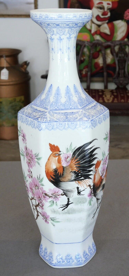 Mid 20th Century Chinese Eggshell Porcelain Rooster/Cherry Blossom Motifs Faceted Vase