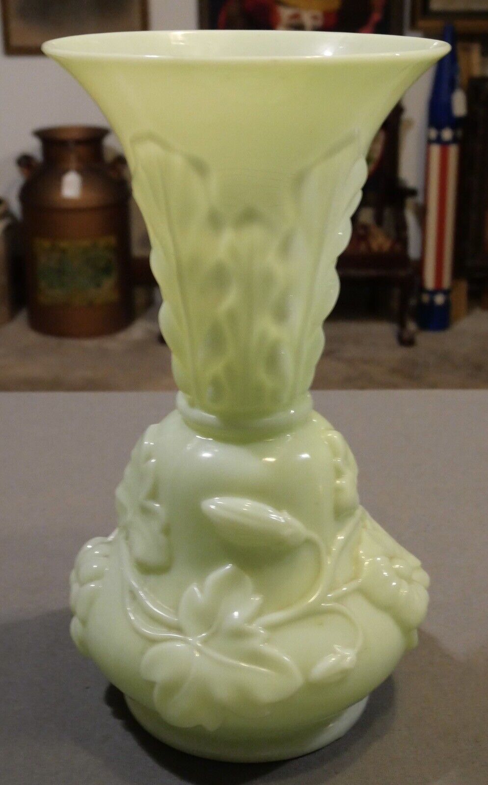 Early 20th Century French Art Nouveau Opaline Glass Floral/Leaf Motifs Baluster Vase