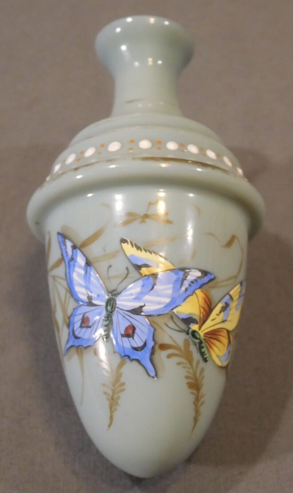 Late 19th Century Moser Style Hand Painted Butterfly Motif Acorn Shaped Bud Vase