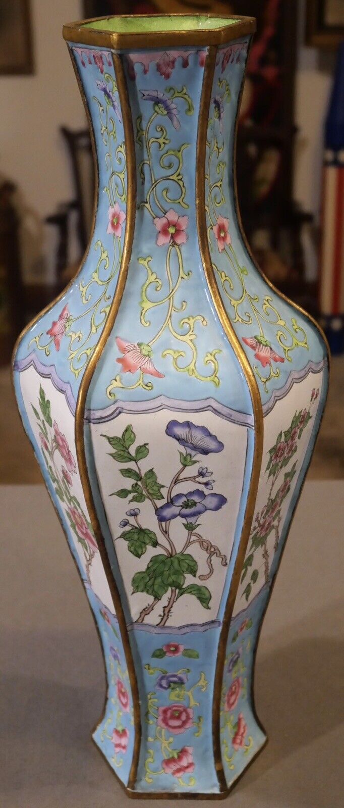 Early 20th Century Chinese Canton Enamel on Gilt Brass Floral Motifs Faceted Hexagonal Vase