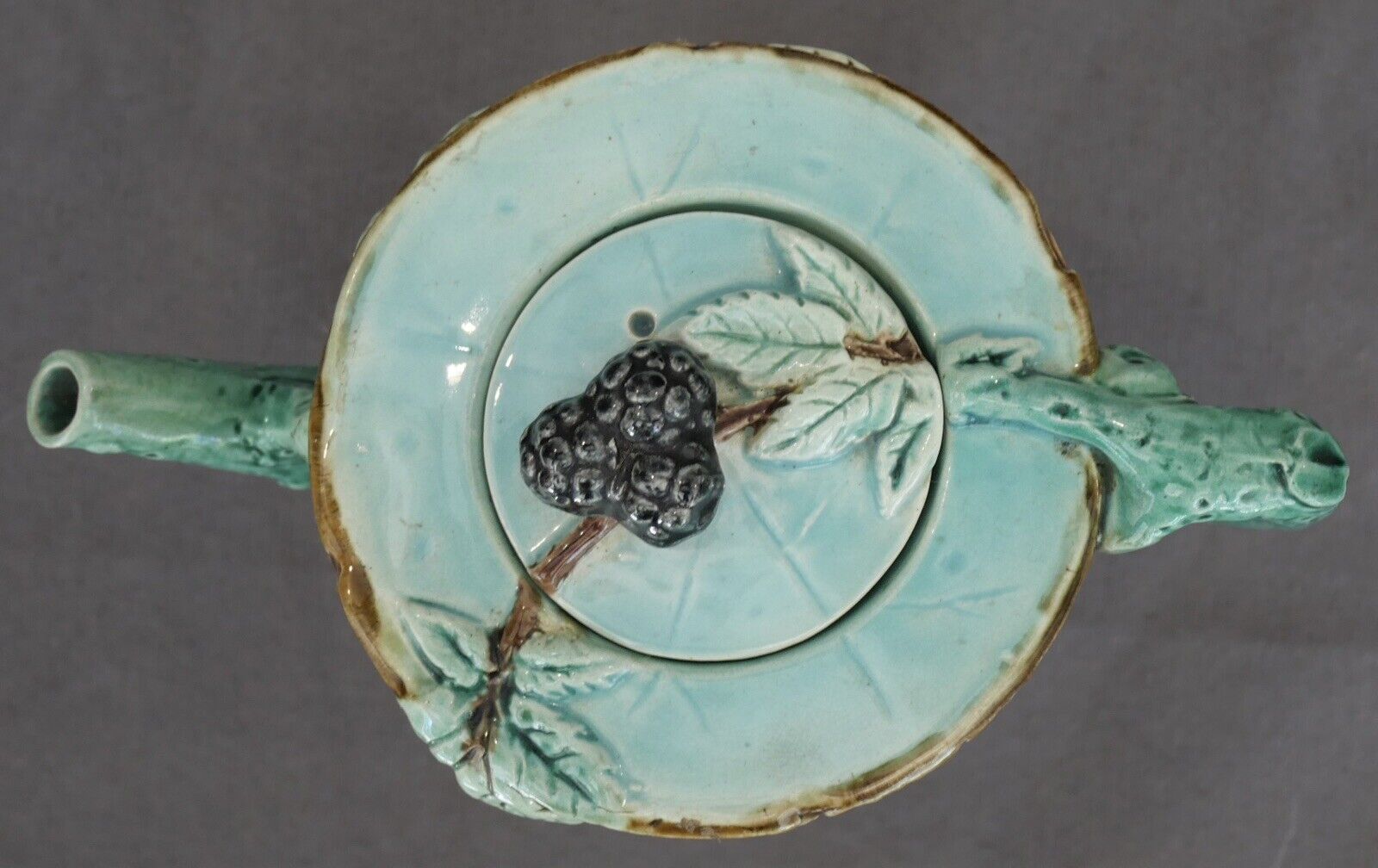 1877 English Victorian Holdcroft Majolica Blackberry Tree Branch Motif Teapot