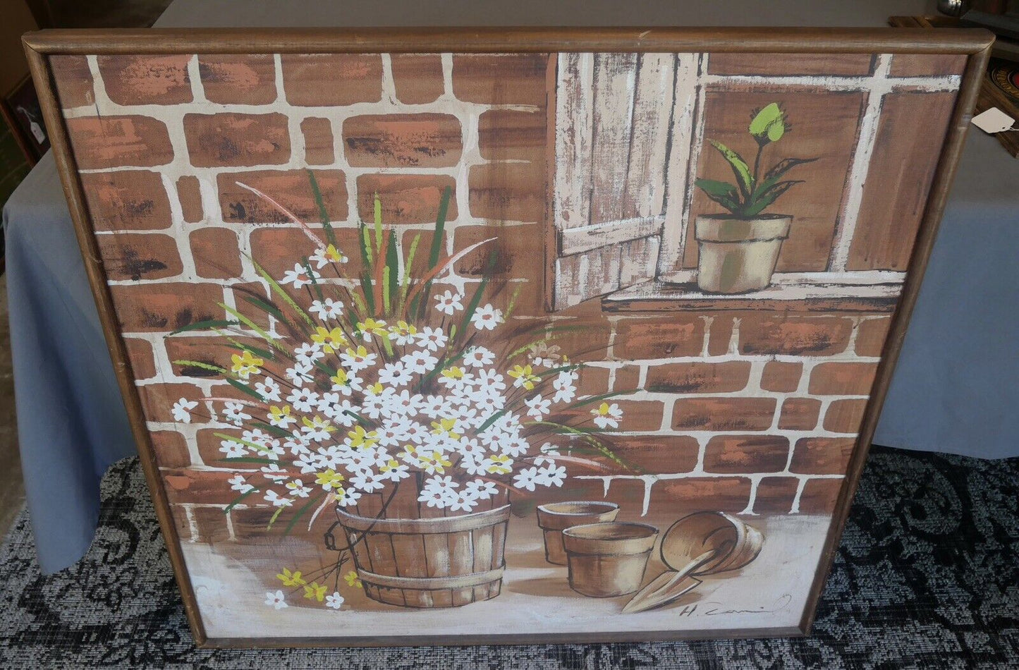 Circa 1970 American Mid Century Modern Daisies in Flower Pot Framed Painting