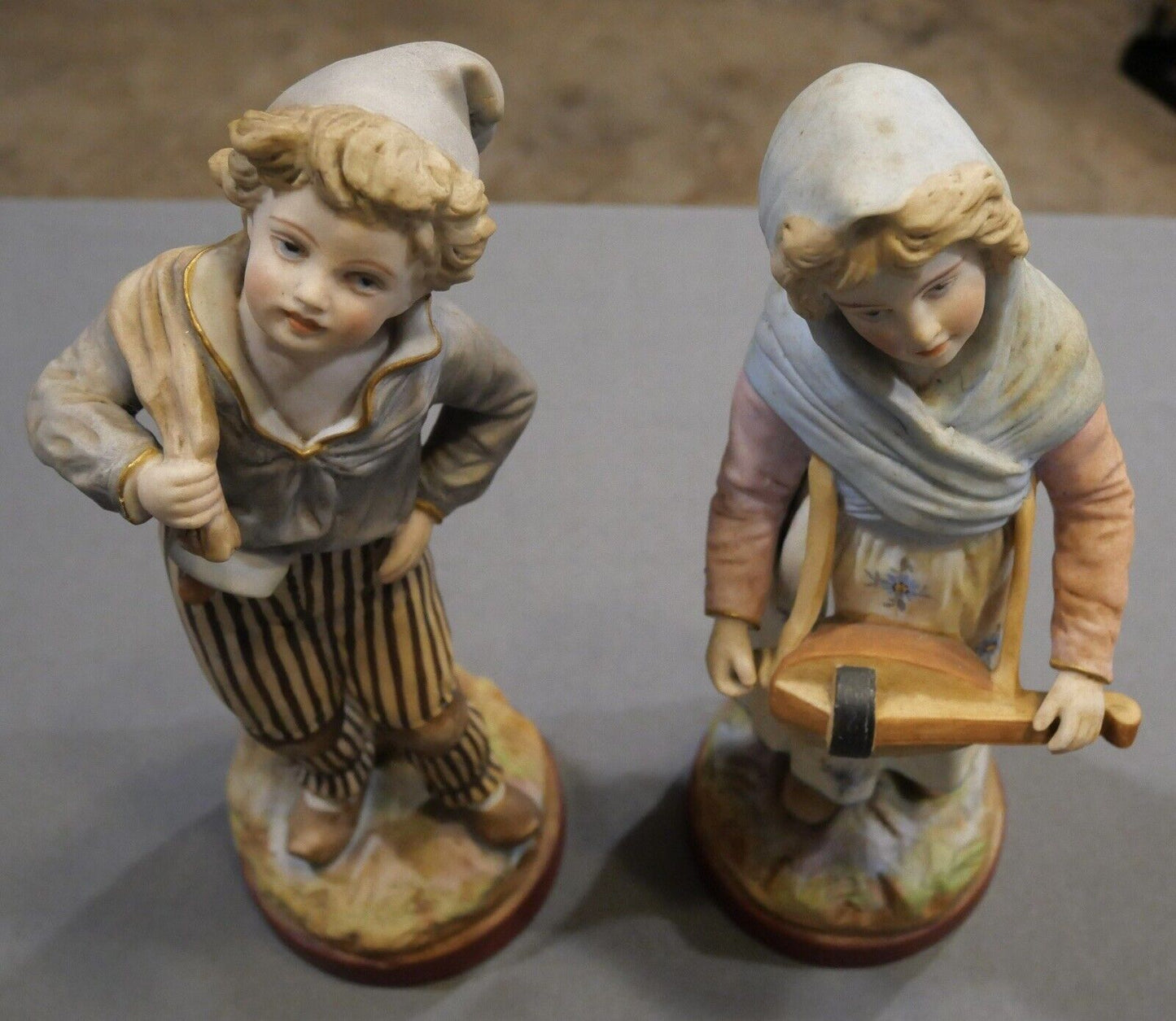 Late 19th Century French Mauger ets Fils Bisque Young Boy & Girl Figurines