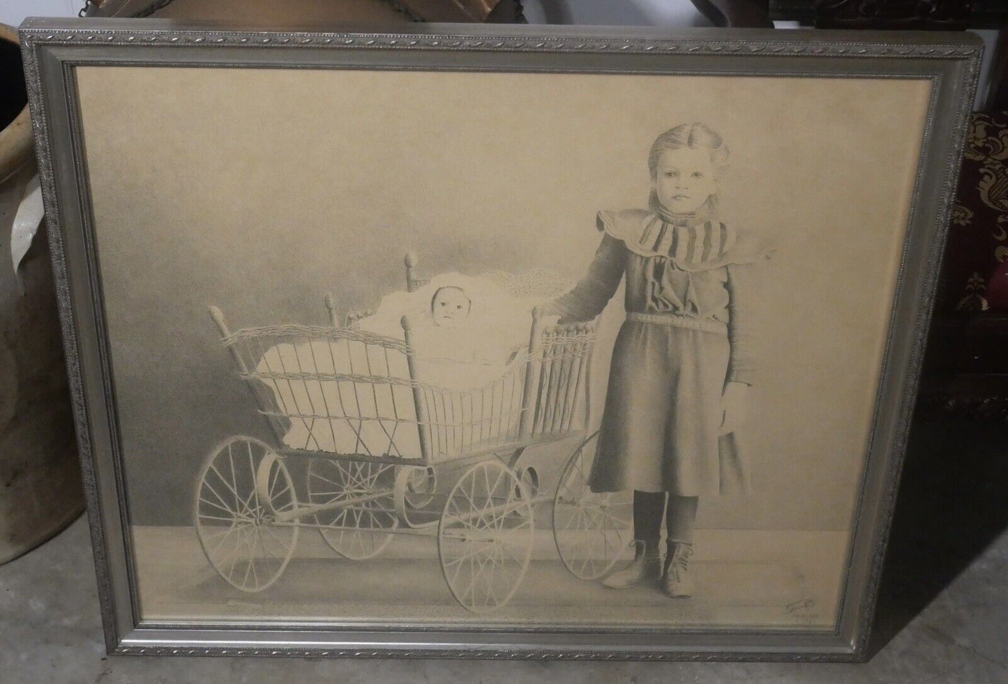 Victorian Girl with Baby in Carriage Pointilism Signed Print by Ed Reaume (1982)