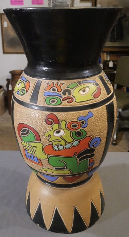 Vintage 1960's Guatemalan Mid Century Modern Clay Aztec Motifs Floor Vase