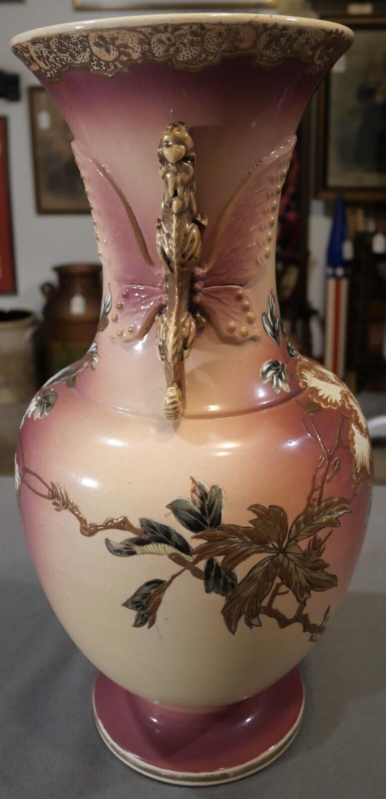 Circa 1930 Japanese Satsuma Porcelain Floral Motifs Butterfly Dragon Handle Vase