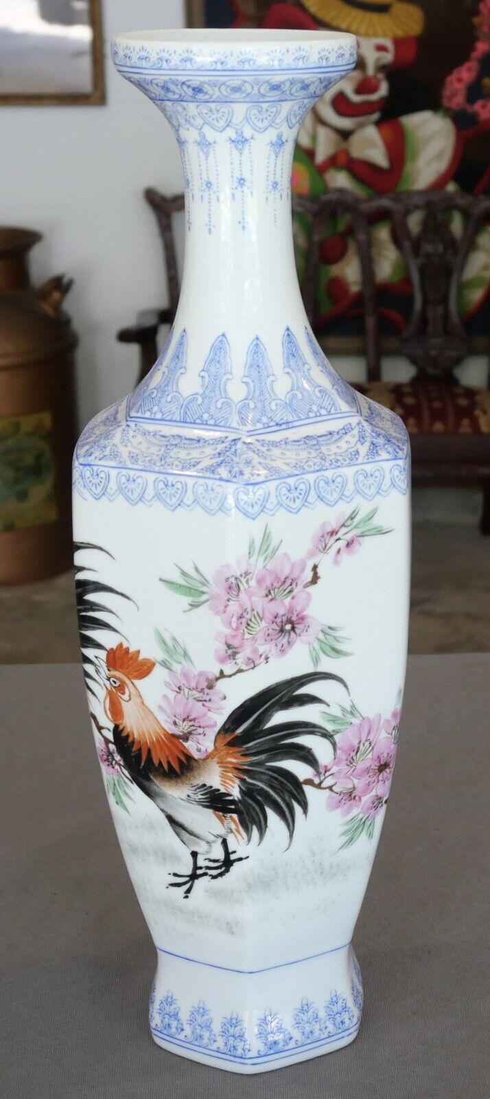 Mid 20th Century Chinese Eggshell Porcelain Rooster/Cherry Blossom Motifs Faceted Vase