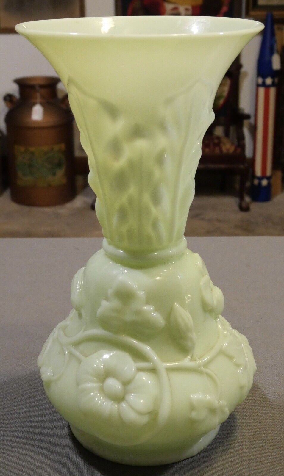 Early 20th Century French Art Nouveau Opaline Glass Floral/Leaf Motifs Baluster Vase