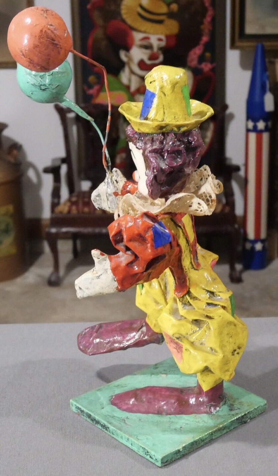 Vintage 1970's Mexican Papier Mache Clown with Balloons Sculpture