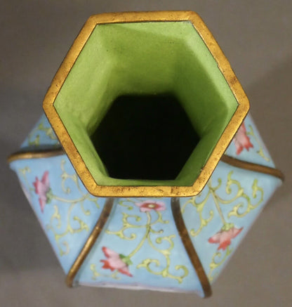 Early 20th Century Chinese Canton Enamel on Gilt Brass Floral Motifs Faceted Hexagonal Vase