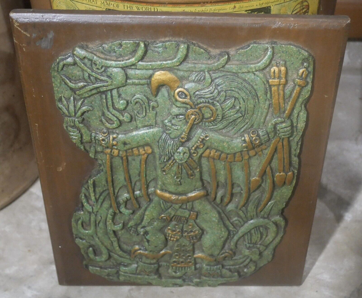 1970’s Mexican El Arte Azteca Crushed Malachite Aztec Warrior Motif Plaque