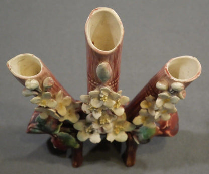 Late 19th Century Continental Majolica Log Form/Applied Flowers Finger Vase