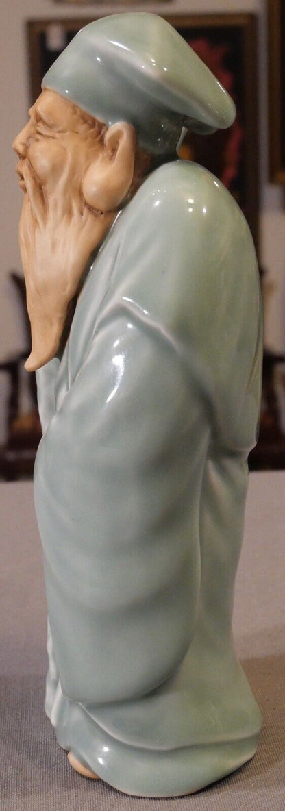 Circa 1970 Japanese Taoist Celadon Glazed Biscuit Porcelain Jurojin Figurine