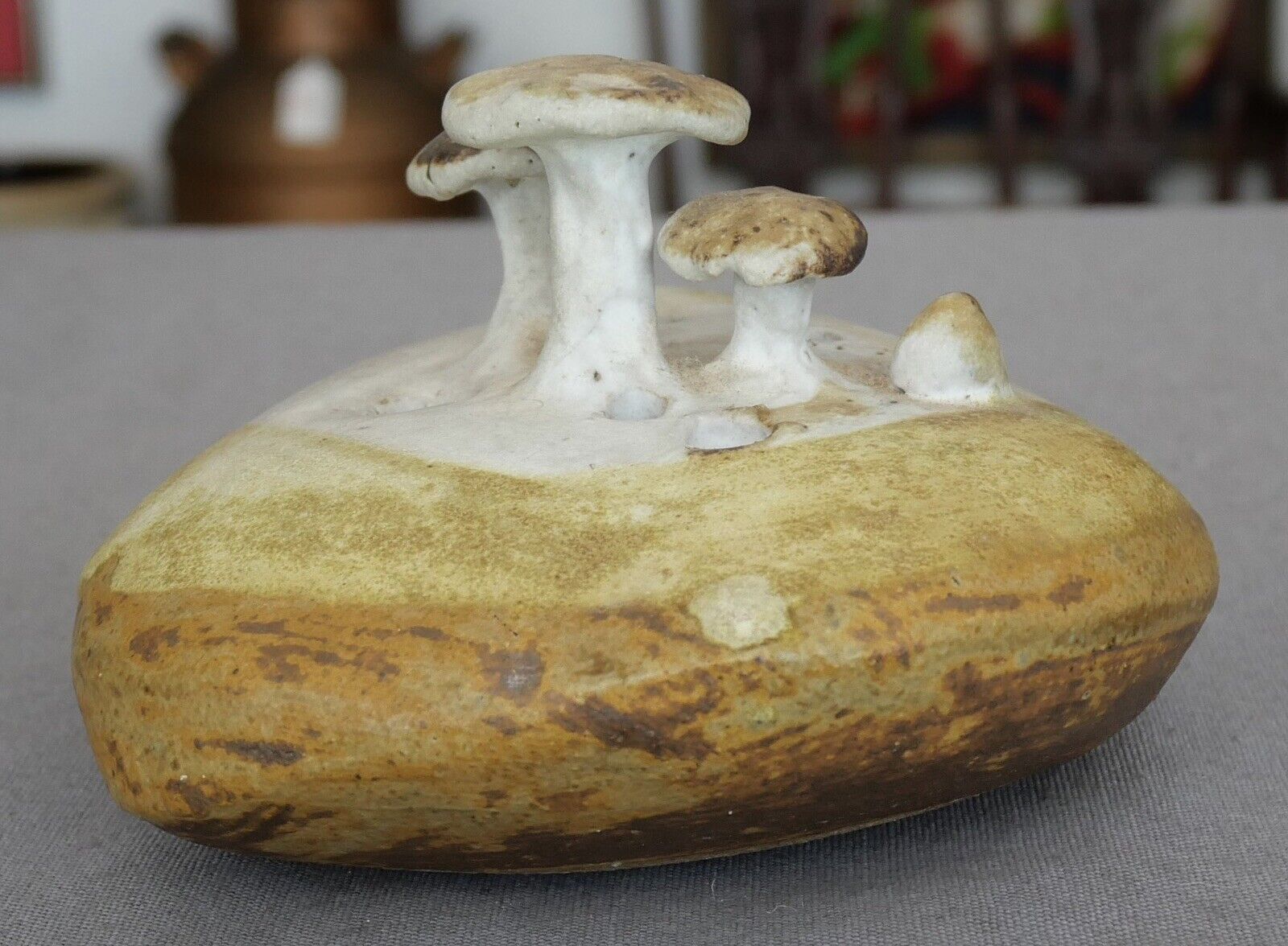 Circa 1970 Contemporary Stoneware Art Pottery Mushrooms on Rock Weed Pot Vessel