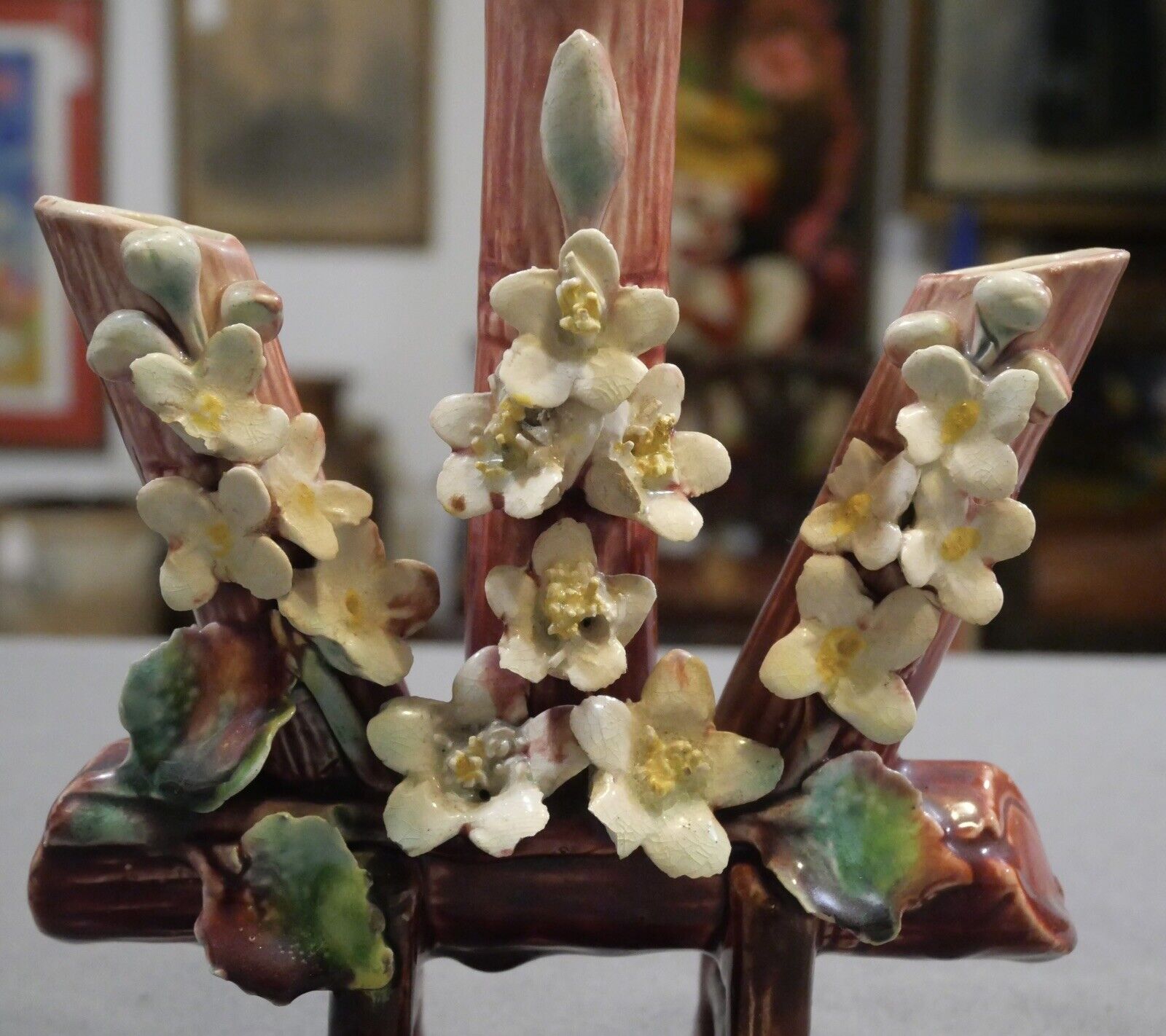 Late 19th Century Continental Majolica Log Form/Applied Flowers Finger Vase