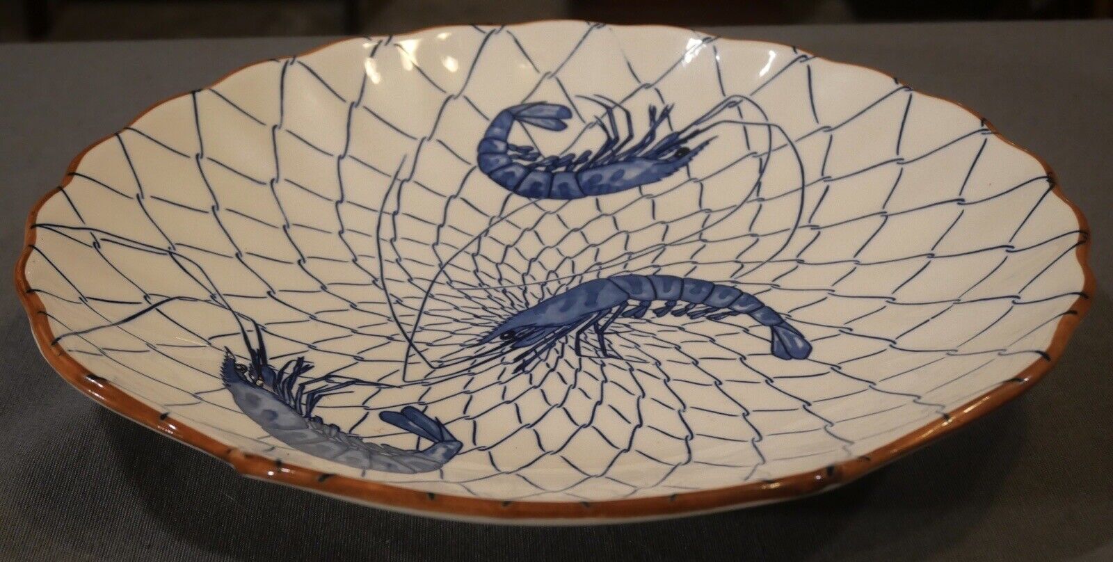 Vintage 1980's Japanese Asahi Porcelain Prawn Motifs Scalloped Edge Shell Form Platter