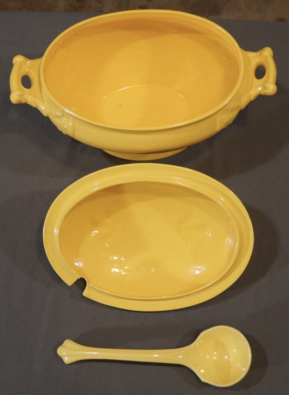 Vintage 1972 American Mid Century Modern Yellow Ceramic Tureen with Ladle