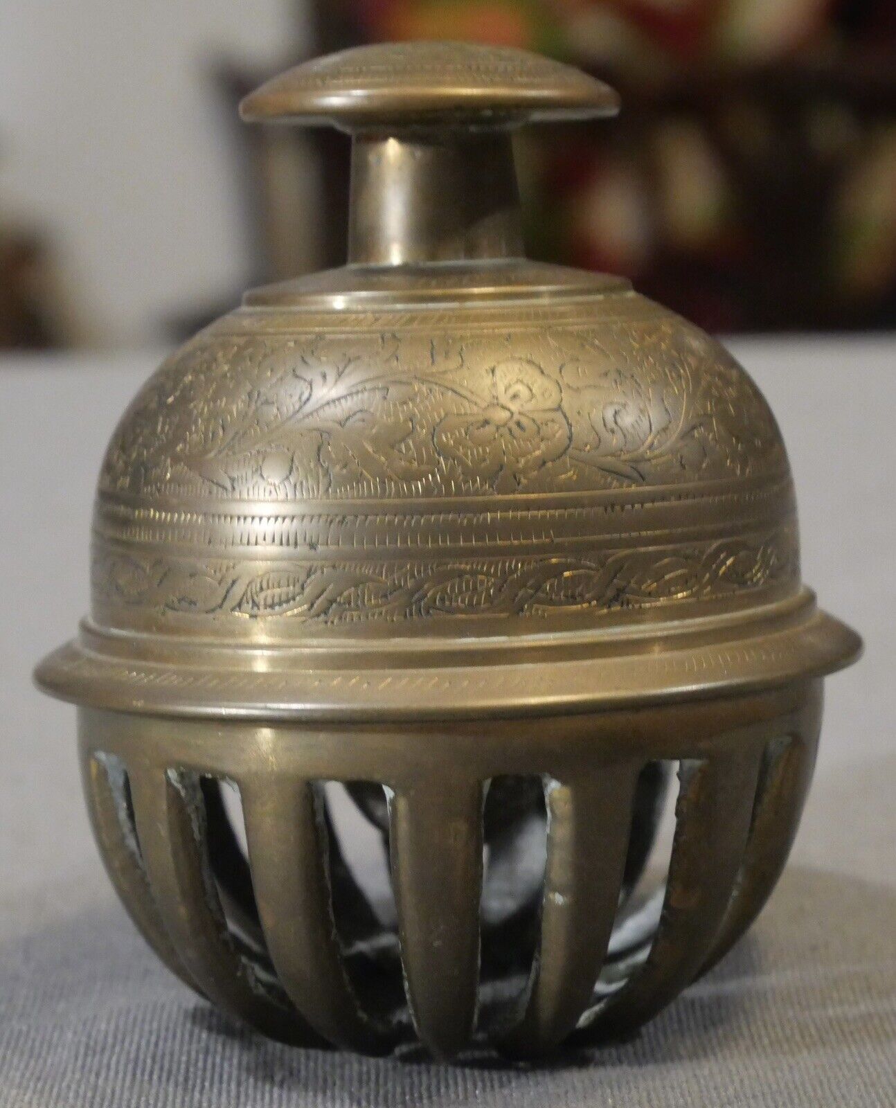 Circa 1920 Indian Hindu Engraved Brass Floral/Leaf Motifs Temple Claw Bell