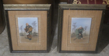 Pair of Mid 20th Century Japanese After Saito Hodo Elderly Man & Woman Framed Painted Porcelain Plaques