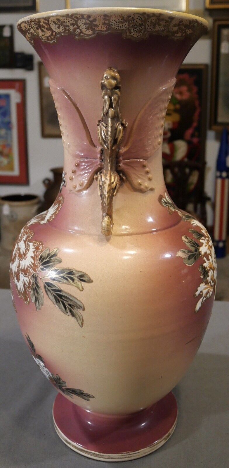 Circa 1930 Japanese Satsuma Porcelain Floral Motifs Butterfly Dragon Handle Vase