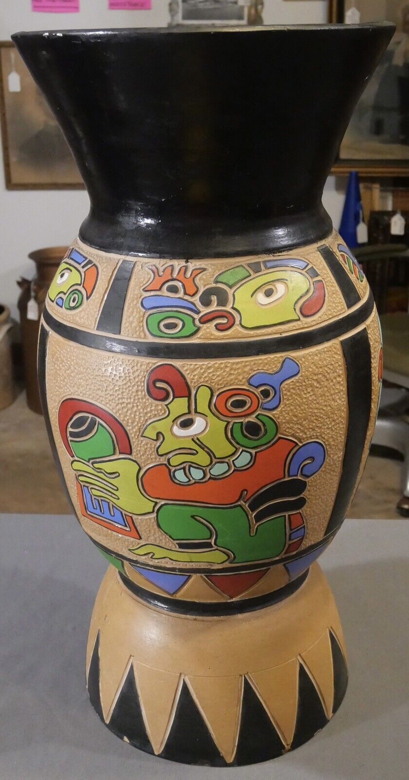 Vintage 1960's Guatemalan Mid Century Modern Clay Aztec Motifs Floor Vase