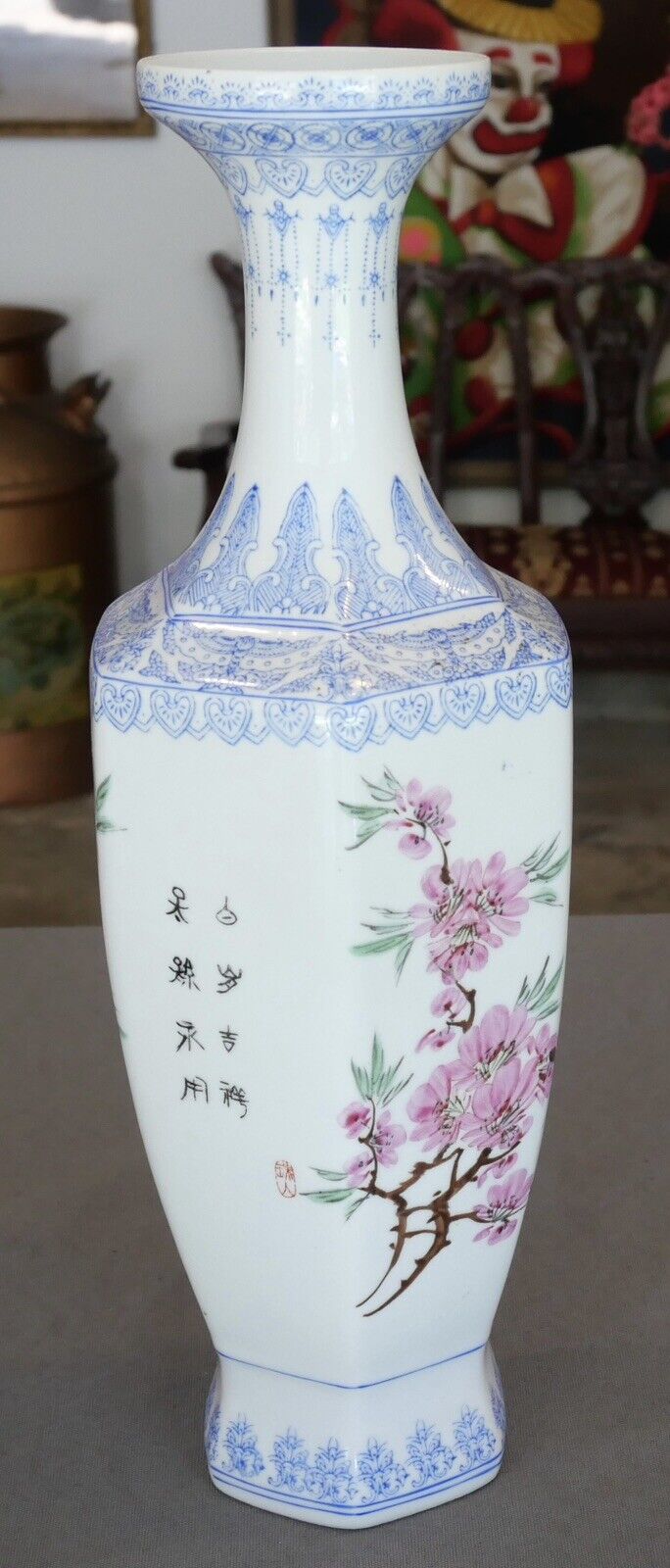 Mid 20th Century Chinese Eggshell Porcelain Rooster/Cherry Blossom Motifs Faceted Vase