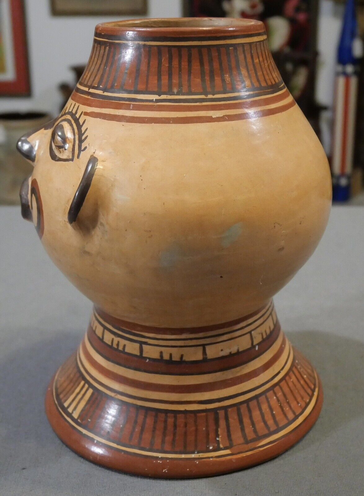 Mid 20th Century Costa Rican Pre-Columbian Style Nicoya Pottery Pataky Polychrome Anthropomorphic Head Footed Effigy Vessel